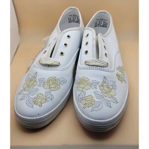 Keds Champion White Leather Floral Embroidered Gold Silver Sneakers WH59725